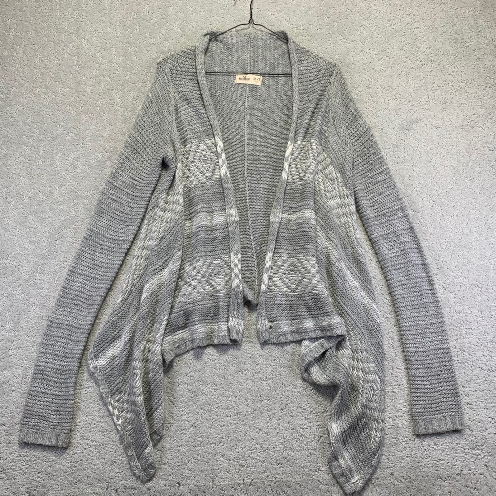 Hollister Womens Cardigan Sweater XS/S Gray White Open Front Waterfall Knit Y2k